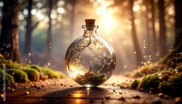 Fototapeta Serum Vial Inside Levitating Lexicon Orb with Liquid Morphing into Semantic Word Roots for Lexical Renewal Skincare Visuals