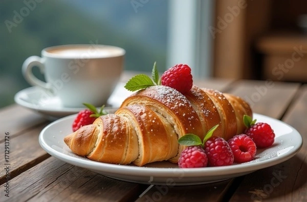 Fototapeta Romantic breakfast of croissants and coffee in the mountains at dawn. raspberry on top of the croissant. Coffee in a cup. Atmospheric