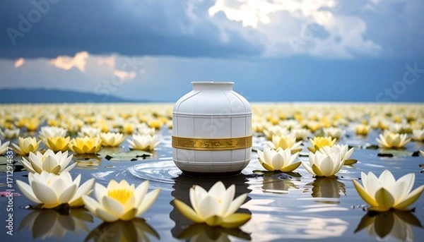 Fototapeta Vase on Water Surrounded by White and Yellow Water Lilies with Cloudy Sky