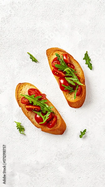 Fototapeta Two toasted baguette slices topped with fresh cherry tomatoes and arugula, arranged on a textured white surface.