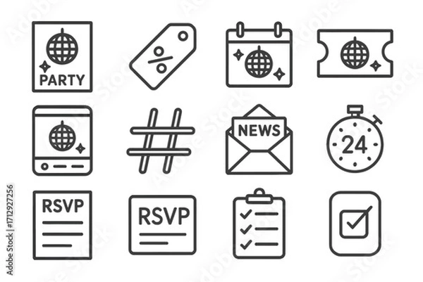 Fototapeta Icons ticket nightclub vector timer post event guest media list icon newsletter