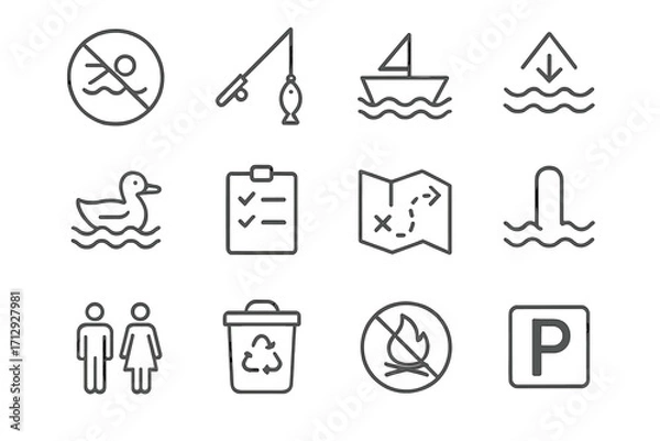 Fototapeta Danger bin swimming lake vector icons depth activity dock boat icon restroom