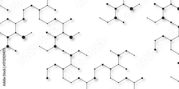 Fototapeta Abstract molecular structure pattern with connected hexagons and black dots on white background, scientific chemistry network concept, modern vector design for biotech, medicine, research, and tech.