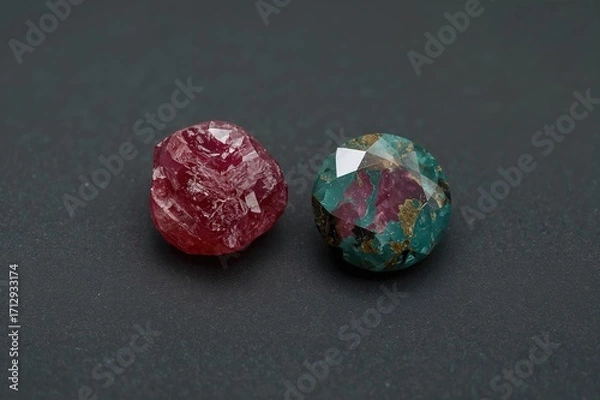 Obraz Raw Ruby and Zoisite Displayed on a Black Surface