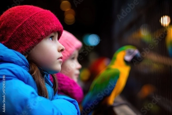 Fototapeta Two children in colorful winter attire gaze in awe at vibrant parrots in a lively aviary setting