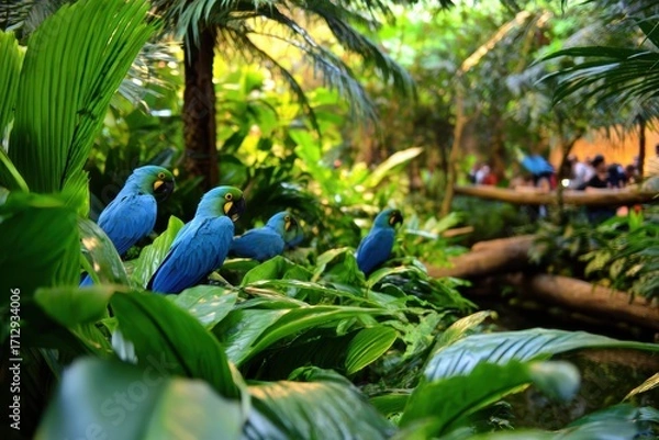 Fototapeta Vibrant blue macaws perched on lush green foliage in a tropical setting with people enjoying nature