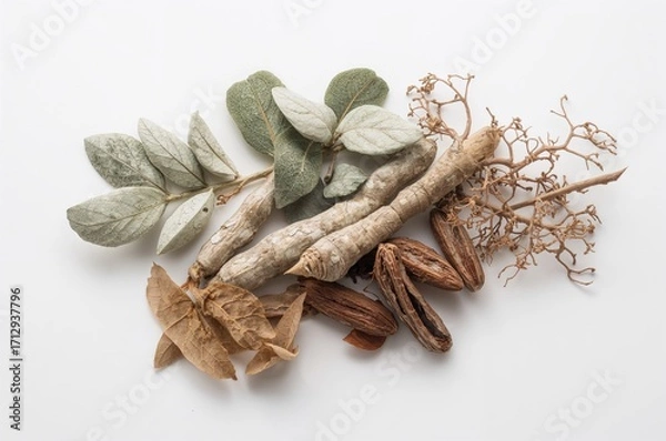 Fototapeta Licorice and sage roots displayed against a white backdrop