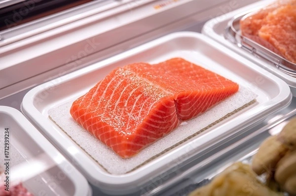 Fototapeta Fresh Raw Salmon Steak in Plastic Tray with Absorbent Pad in Grocery Store, High-Quality for Retail