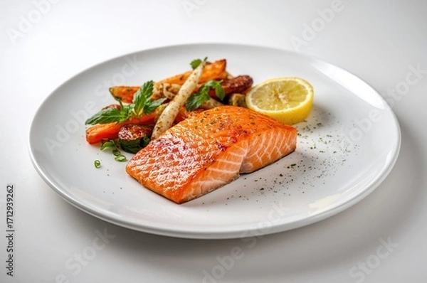 Fototapeta Fillet of salmon steak served with vegetables on a white dish - Nutritious meal presentation
