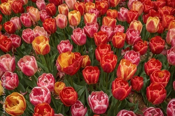 Fototapeta A colorful display of tulips forms a breathtaking mosaic of reds, yellows, pinks, and oranges, highlighting the splendor of nature in peak bloom.