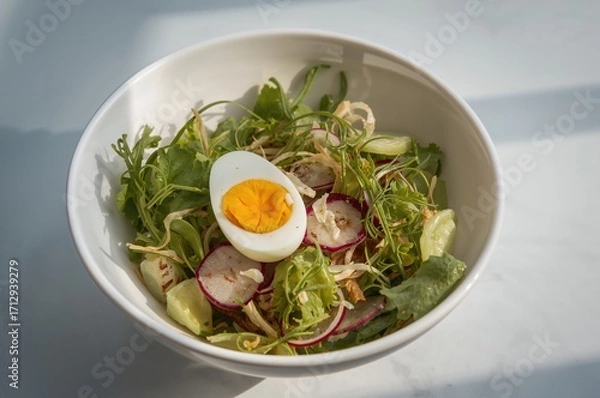 Fototapeta Bowl of Salad Featuring Egg, Radish, and Cucumber