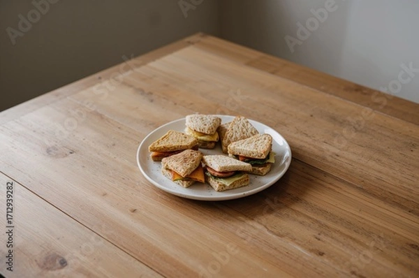 Fototapeta Assorted sandwiches arranged on a platter with blank space for text, set on a rustic wooden surface.