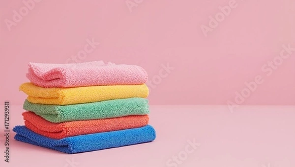 Fototapeta Pile of vibrant microfiber cleaning cloths against a pink backdrop. Assorted dry microfiber towels for cleaning various surfaces in home areas like kitchen and bathroom. Space available for text.