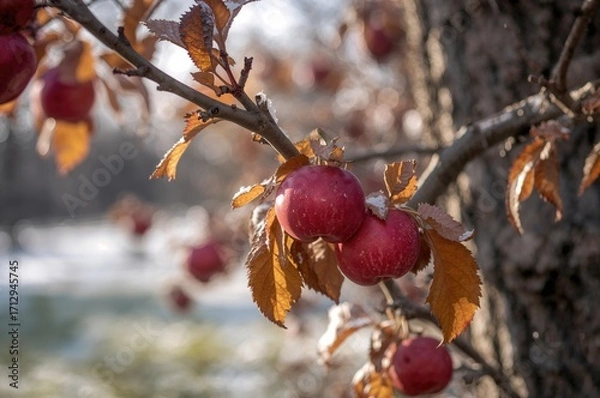 Fototapeta Mature red apples hanging from a tree limb during the late autumn season