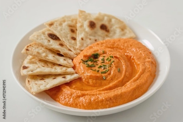 Fototapeta Grilled red pepper dip served with flatbread. Nutritious meal.