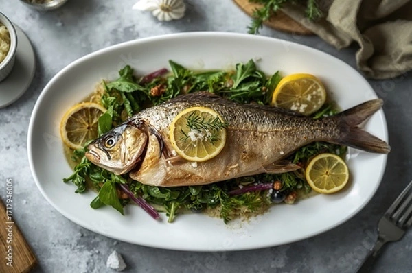 Fototapeta Grilled sea bream with lemon slices, natural and wholesome ingredients. Concept of detoxification and cleansing diet. Flat lay with space for text.