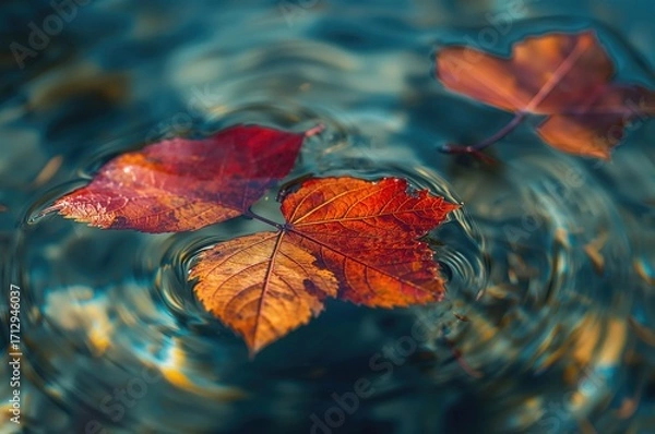 Fototapeta Close-up of decaying leaves drifting on water with a blurred backdrop, featuring vibrant colors and reflections