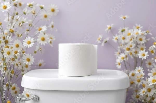 Fototapeta Toilet paper roll adorned with charming chamomile blossoms on a purple backdrop