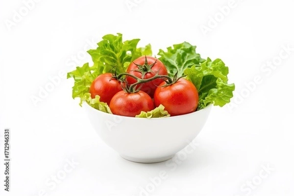 Fototapeta Fresh Tomatoes and Lettuce Served in a Bowl Against a White Backdrop