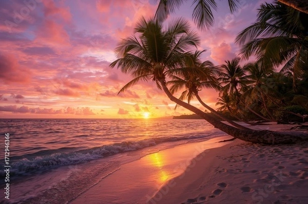 Fototapeta Sunset romance on a beach with palm trees in a tropical setting