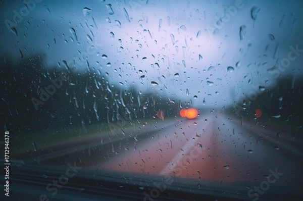 Fototapeta View from inside car on rainy road, blurred vision with heavy rainfall, illustrating hazardous driving conditions