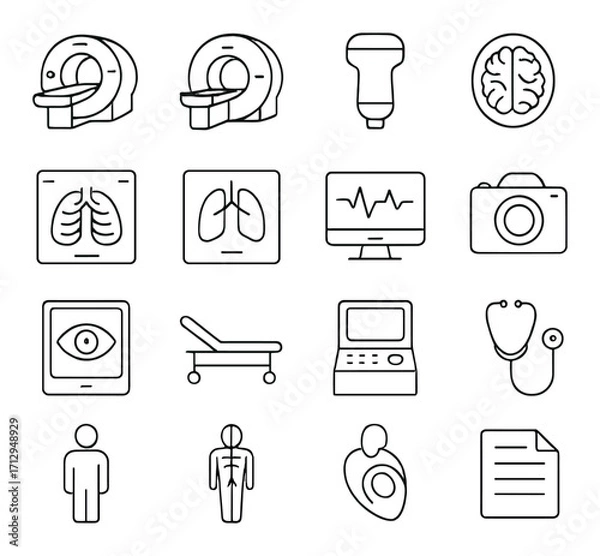 Obraz Medical equipment icons: mri, lungs, brain, stethoscope, heart monitor in minimal style