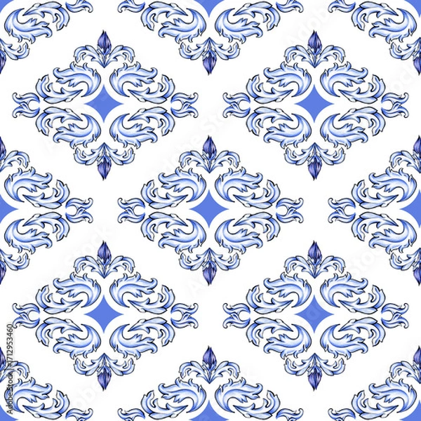 Fototapeta Seamless pattern featuring intricate baroque-style flourishes in shades of blue and white on a  white background. Its luxurious hand made texture and symmetrical forms are perfect for textiles