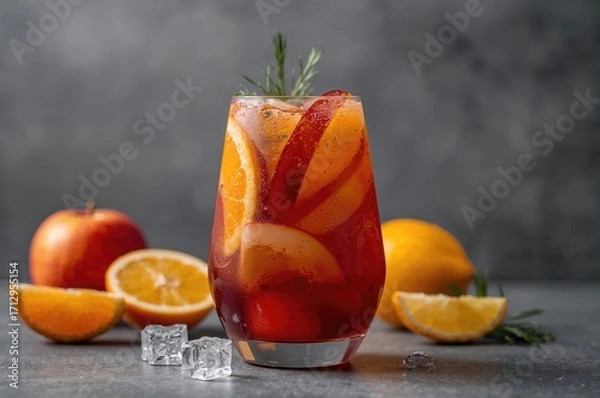 Obraz Refreshing fruit sangria with apple, orange, lemon, and ice on a neutral backdrop. Close-up with selective focus.