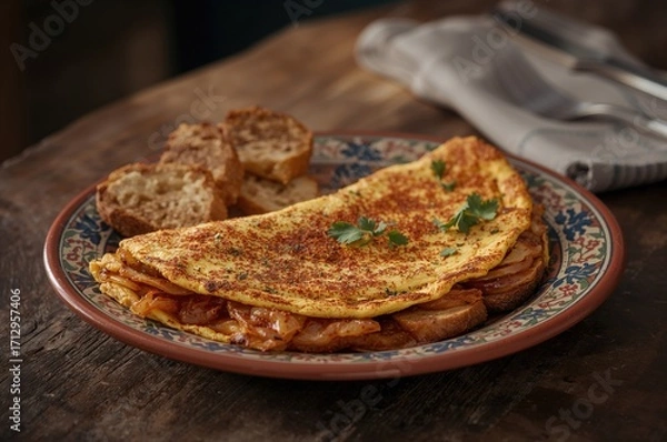 Obraz Omelette with Onions and Traditional Bread