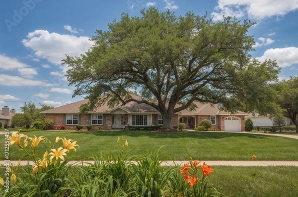 Obraz Two-Story Home Featuring a Massive Oak and Vibrant Tiger Lilies