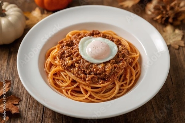 Obraz Close-up of spaghetti with raw egg atop on a white dish, set against a wooden table background.
