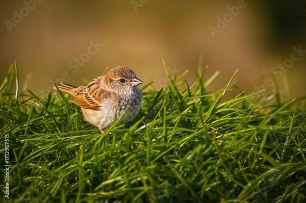 Obraz A small bird resting on vibrant green blades of grass