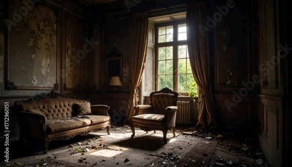 Obraz Abandoned room with vintage furniture and sunlight streaming through window.