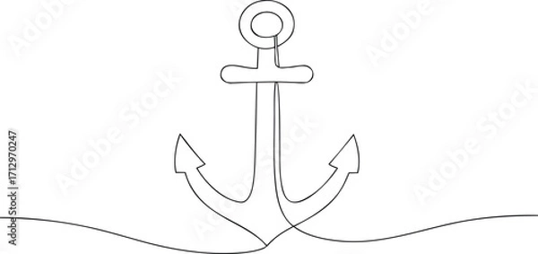 Fototapeta Single line drawing a nautical anchor with wavy lines below continous line art maritime