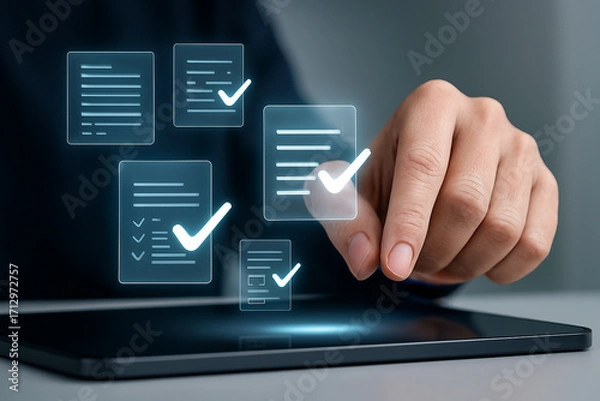 Obraz Realistic hand touching tablet with glowing holographic checkmarks for workflow approvals productivity milestones in futuristic professional digital workspace