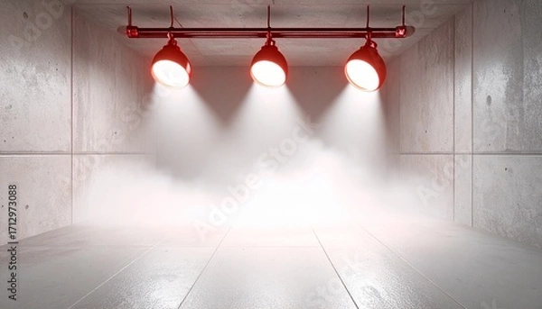 Fototapeta Three red lamps illuminate a concrete room, casting bright light and creating a hazy atmosphere.