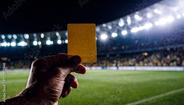 Fototapeta Hand holds up a yellow card during a soccer game in a stadium under bright lights.