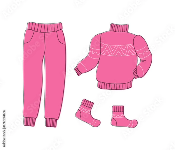Obraz Warm and cozy clothing set. Sweater, pants, and pink socks. Autumn/winter season. Knitwear with a pattern. Vector illustration with an isolated background.