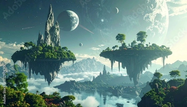 Fototapeta Floating islands with lush vegetation and towering rock formations, set against a backdrop of celestial bodies and ethereal clouds.