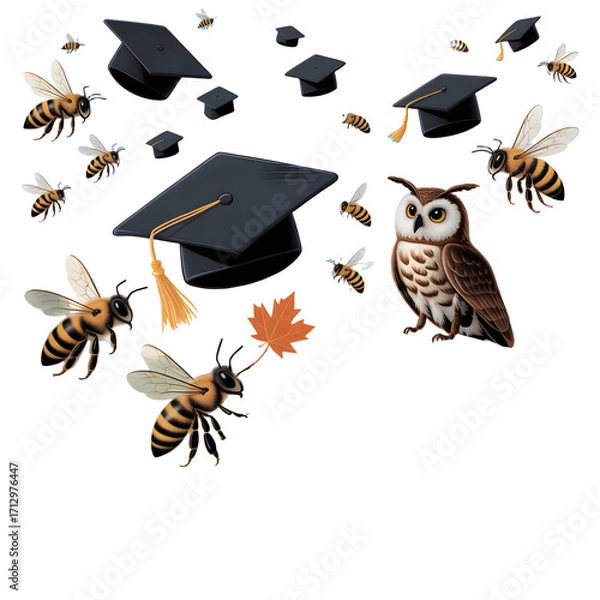 Fototapeta Owl, bees, and graduation caps isolated on transparent background for education theme