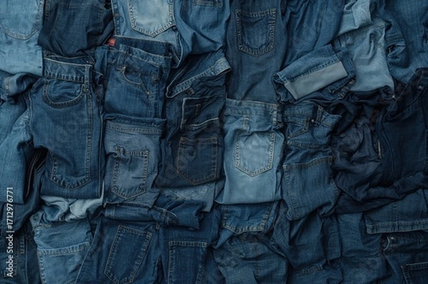 Fototapeta Overhead view of stacked denim pants