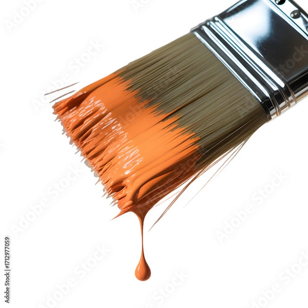 Fototapeta Closeup of a paintbrush with orange paint dripping isolated on transparent background