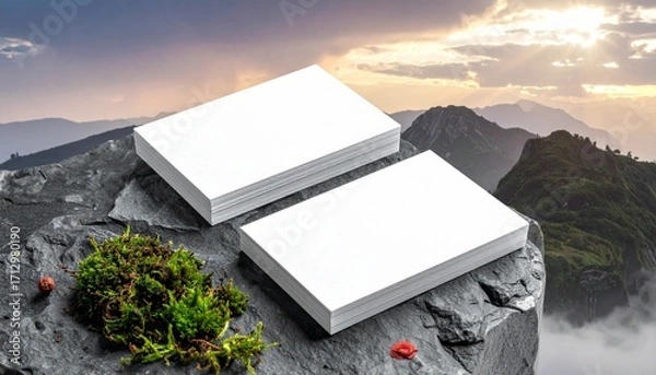 Fototapeta Blank white cards on textured gray wood with dark folder, minimalist office or branding setup.