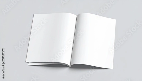 Fototapeta Open blank magazine on light gray surface, minimalist mockup for print design or editorial layout.