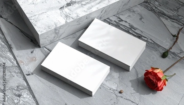 Fototapeta Blank white cards on textured gray wood with dark folder, minimalist office or branding setup.