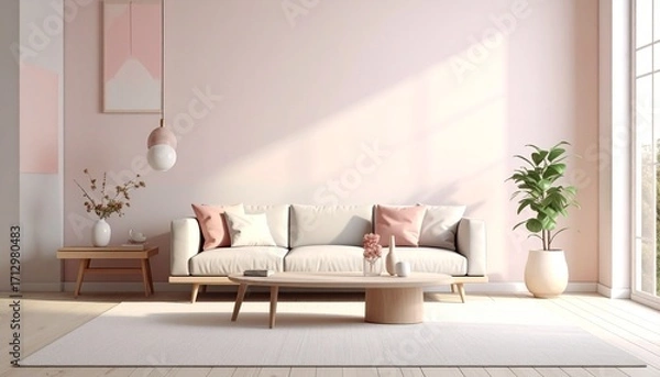 Fototapeta Minimalist living room with light pink wall, gray sofa, wood accents, and soft natural light.