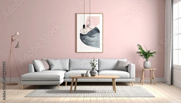 Fototapeta Minimalist living room with light pink wall, gray sofa, wood accents, and soft natural light.