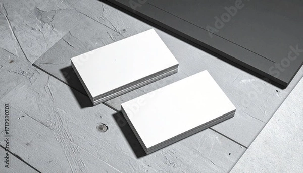 Fototapeta Blank white cards on textured gray wood with dark folder, minimalist office or branding setup.