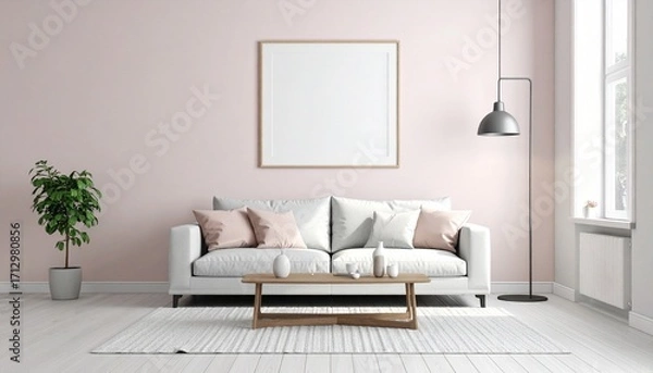 Fototapeta Minimalist living room with light pink wall, gray sofa, wood accents, and soft natural light.