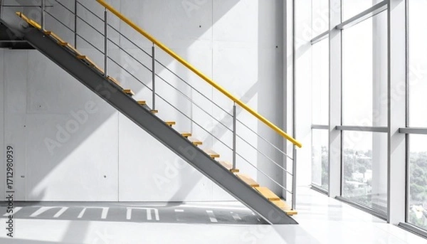 Fototapeta Modern staircase with concrete steps, black railings, and yellow handrails in sunlit architectural space.